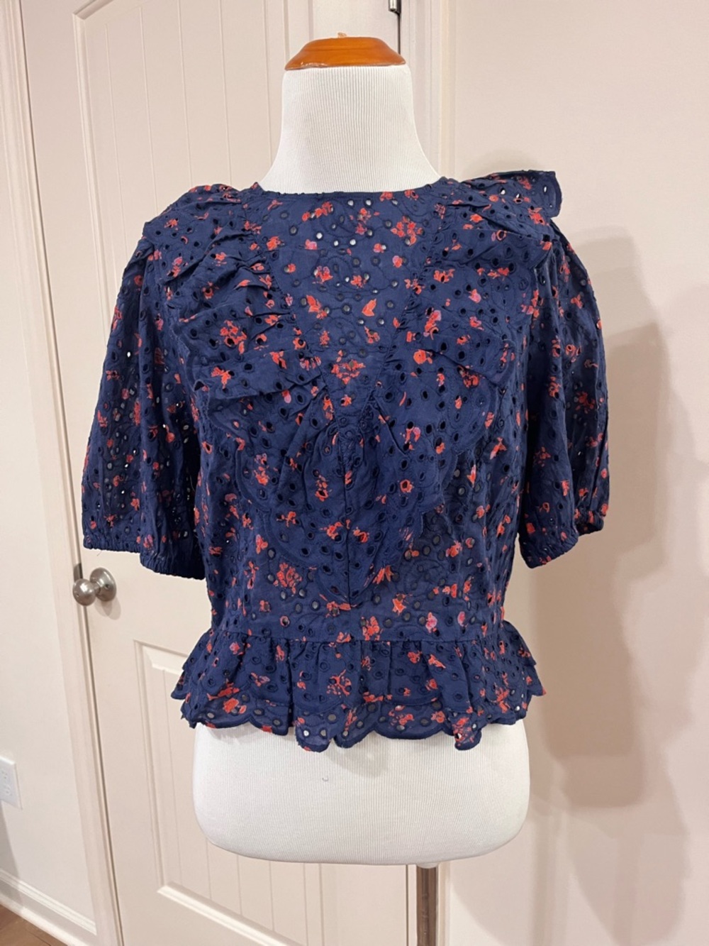 Urban Outfitters Navy Eyelet Peplum Top with Red Floral Print